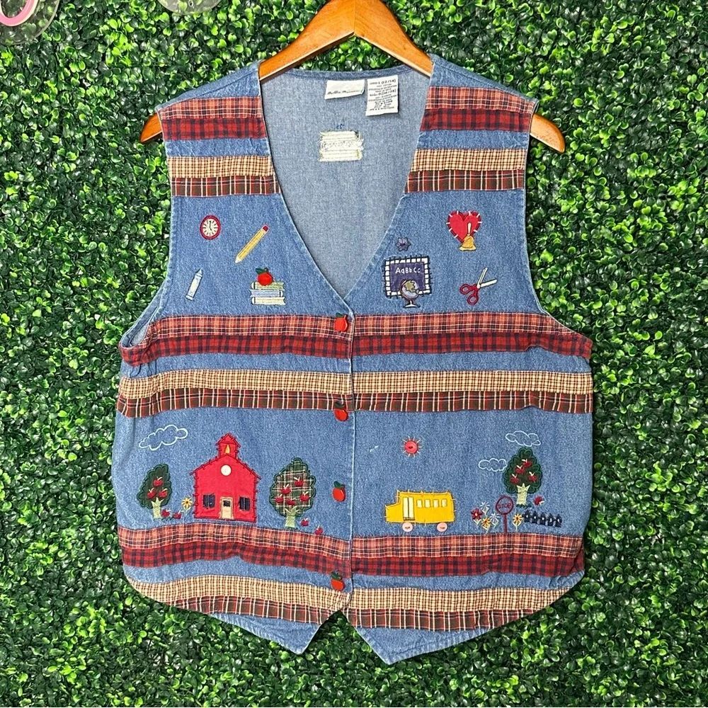 Vtg. Bobbie Brooks Blue Denim School Vest Patchwork Sz L - Picture 2 of 9